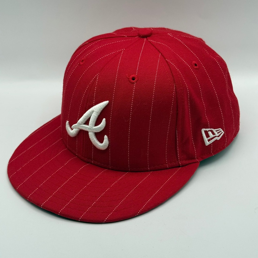 New Era Atlanta Braves 59FIFTY Fitted Hat Red Pinstripe MLB Size 7 1/4 58cm
